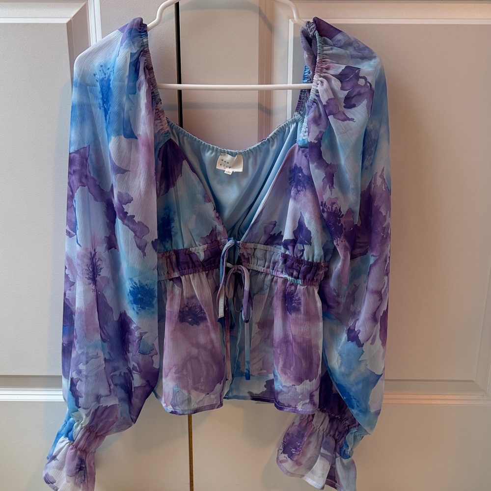 Vici Floral Sheer Peasant Blouse in Blue and Purple